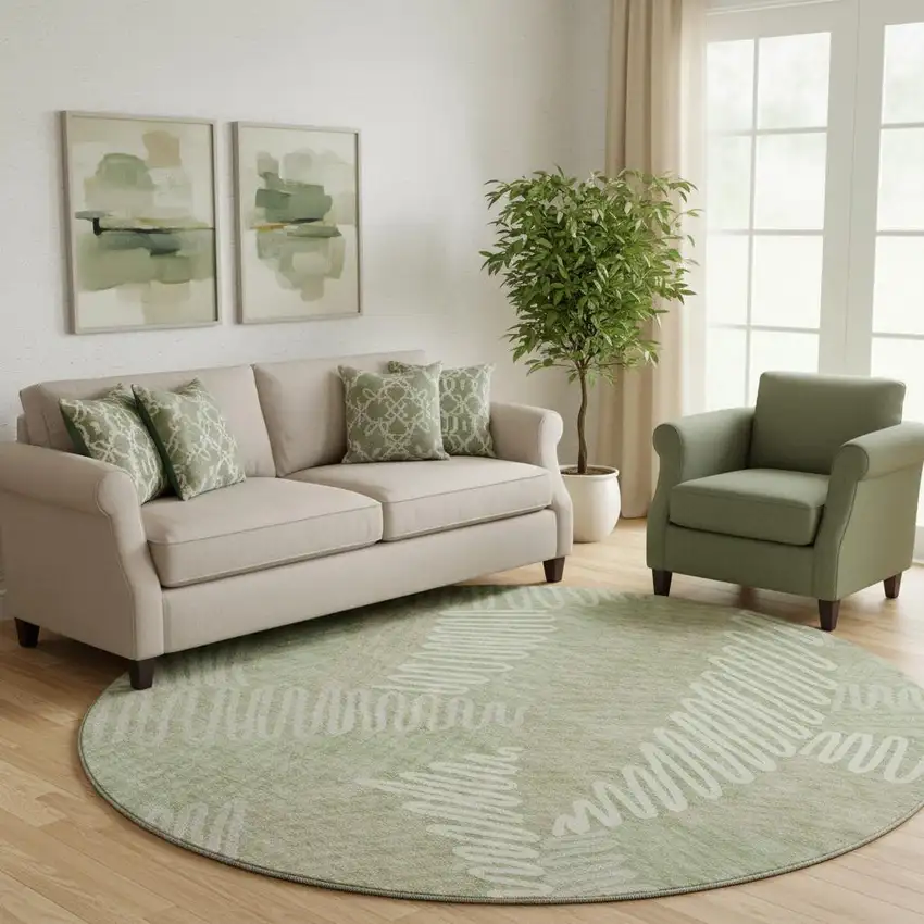 8' Artichoke Green And Beige Floral Washable Round Rug With UV Protection Photo 1