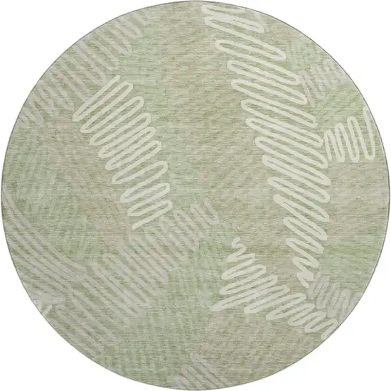 8' Artichoke Green And Beige Floral Washable Round Rug With UV Protection Photo 1