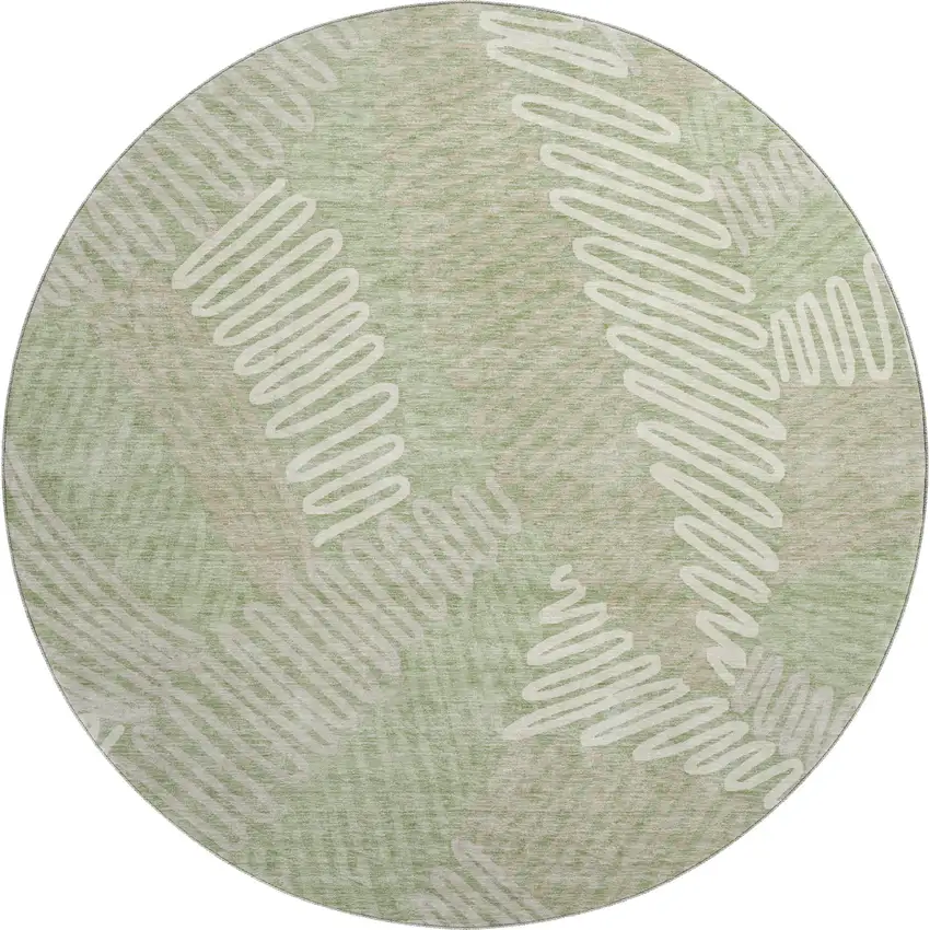8' Artichoke Green And Beige Floral Washable Round Rug With UV Protection Photo 1
