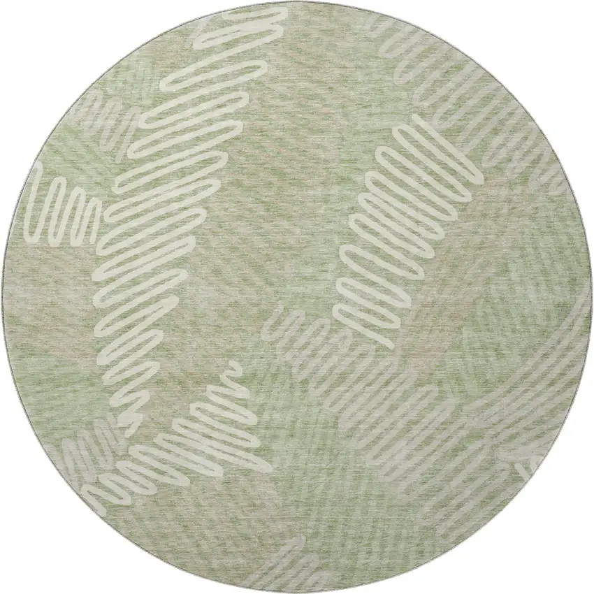 8' Artichoke Green And Beige Floral Washable Round Rug With UV Protection Photo 4