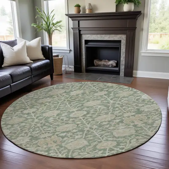 8' Artichoke Green And Beige Floral Washable Round Rug With UV Protection Photo 4