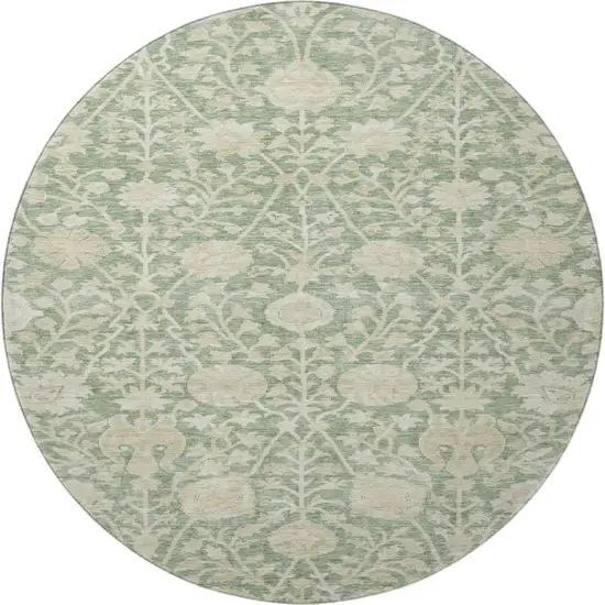 8' Artichoke Green And Beige Floral Washable Round Rug With UV Protection Photo 3