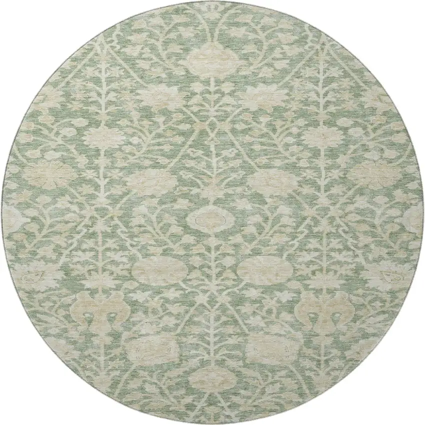 8' Artichoke Green And Beige Floral Washable Round Rug With UV Protection Photo 3