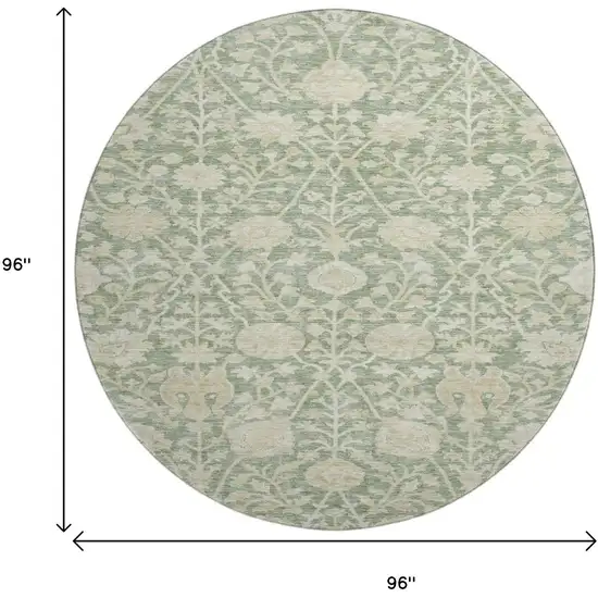 8' Artichoke Green And Beige Floral Washable Round Rug With UV Protection Photo 9