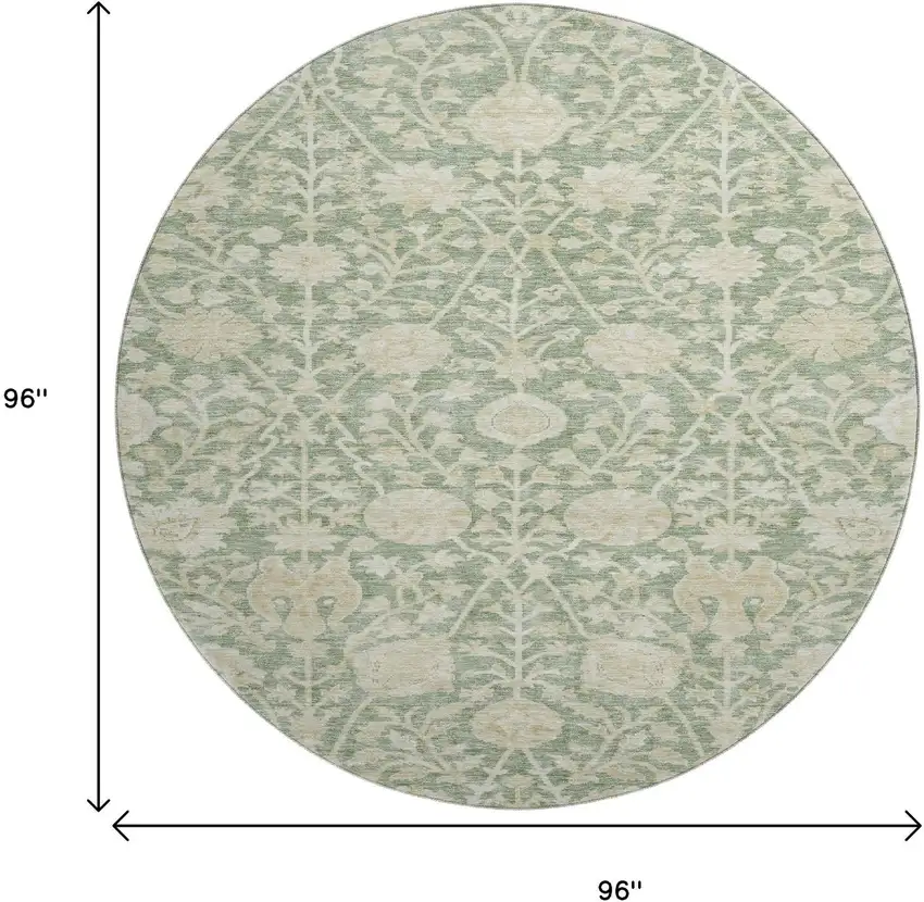 8' Artichoke Green And Beige Floral Washable Round Rug With UV Protection Photo 9