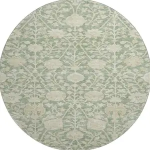Photo of 8' Artichoke Green And Beige Floral Washable Round Rug With UV Protection