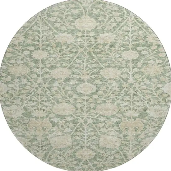 8' Artichoke Green And Beige Floral Washable Round Rug With UV Protection Photo 2