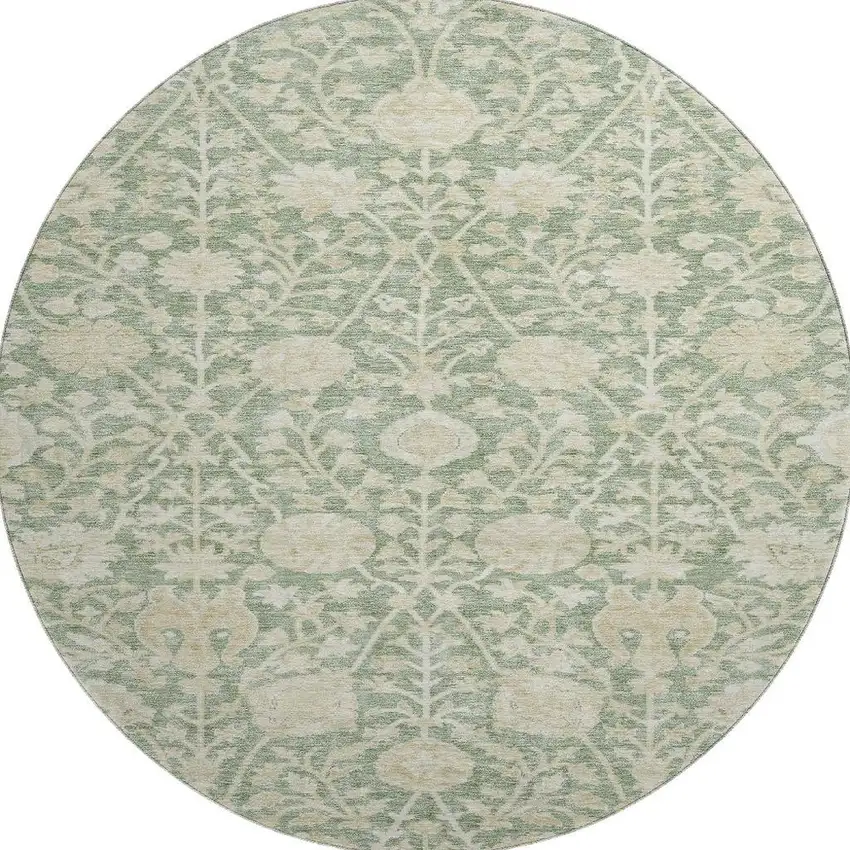 8' Artichoke Green And Beige Floral Washable Round Rug With UV Protection Photo 2