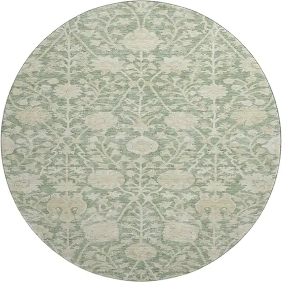 8' Artichoke Green And Beige Floral Washable Round Rug With UV Protection Photo 1