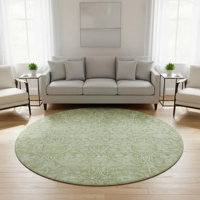 8' Artichoke Green And Beige Floral Washable Round Rug With UV Protection Photo 2