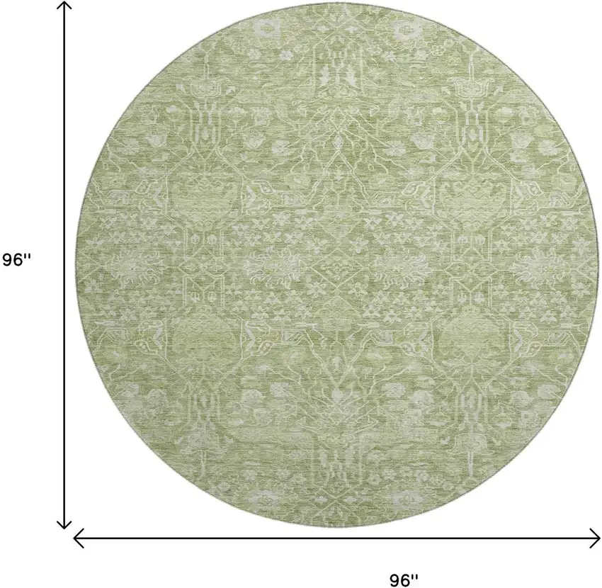 8' Artichoke Green And Beige Floral Washable Round Rug With UV Protection Photo 9