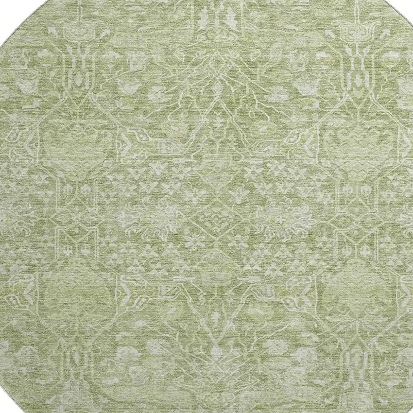 8' Artichoke Green And Beige Floral Washable Round Rug With UV Protection Photo 2