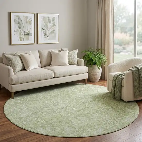 8' Artichoke Green And Beige Floral Washable Round Rug With UV Protection Photo 1