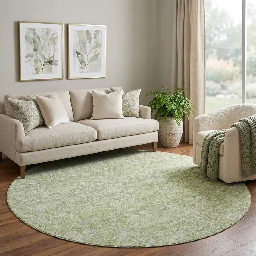 8' Artichoke Green And Beige Floral Washable Round Rug With UV Protection Photo 1