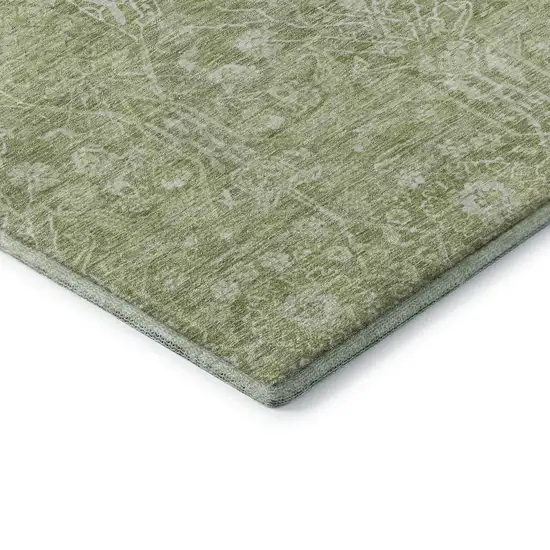 8' Artichoke Green And Beige Floral Washable Round Rug With UV Protection Photo 6