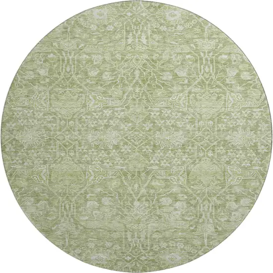 8' Artichoke Green And Beige Floral Washable Round Rug With UV Protection Photo 1
