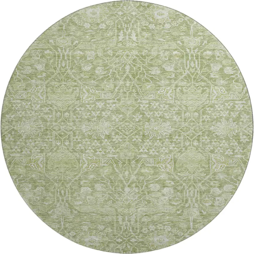 8' Artichoke Green And Beige Floral Washable Round Rug With UV Protection Photo 1