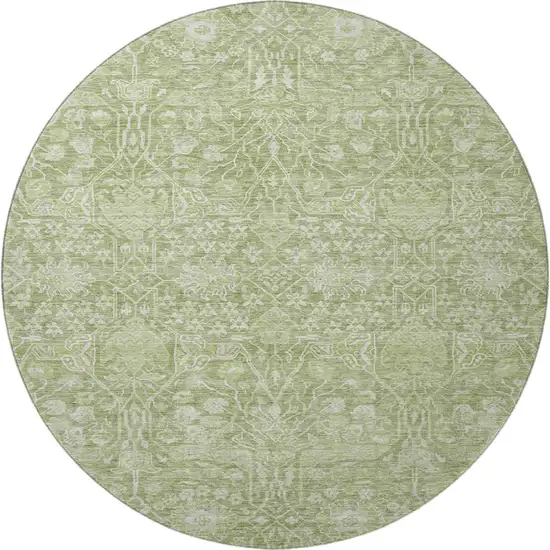 8' Artichoke Green And Beige Floral Washable Round Rug With UV Protection Photo 3