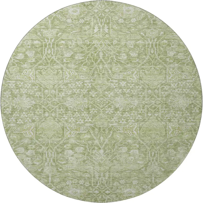 8' Artichoke Green And Beige Floral Washable Round Rug With UV Protection Photo 3