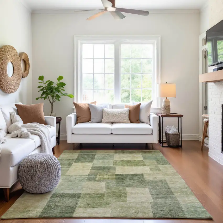 8' Artichoke Green And Beige Geometric Washable Area Rug With UV Protection Photo 5