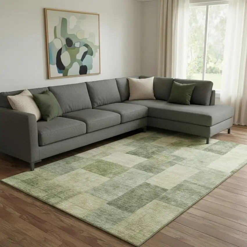 8' Artichoke Green And Beige Geometric Washable Area Rug With UV Protection Photo 2