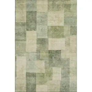 Photo of 8' Artichoke Green And Beige Geometric Washable Area Rug With UV Protection