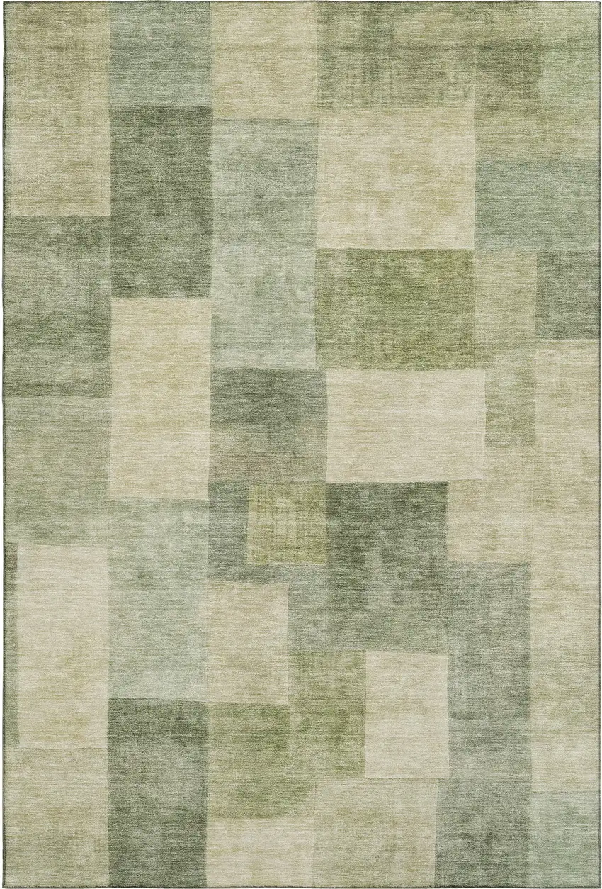 8' Artichoke Green And Beige Geometric Washable Area Rug With UV Protection Photo 1