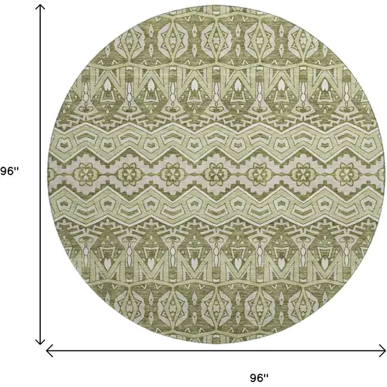 8' Artichoke Green And Beige Moroccan Washable Round Rug With UV Protection Photo 9