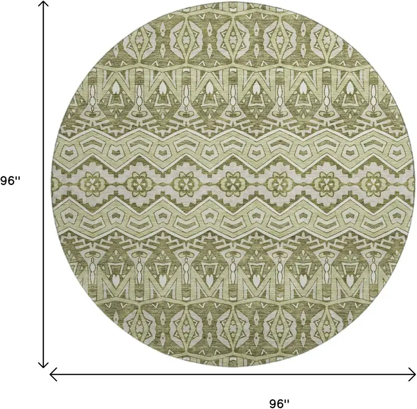 8' Artichoke Green And Beige Moroccan Washable Round Rug With UV Protection Photo 9
