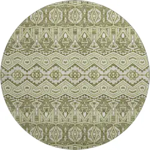 Photo of 8' Artichoke Green And Beige Moroccan Washable Round Rug With UV Protection