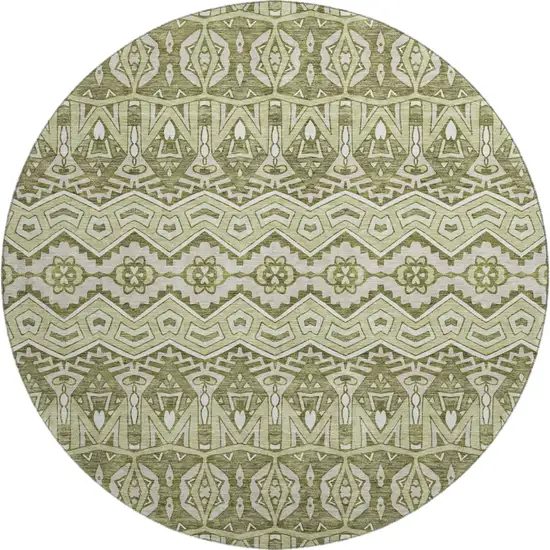 8' Artichoke Green And Beige Moroccan Washable Round Rug With UV Protection Photo 1