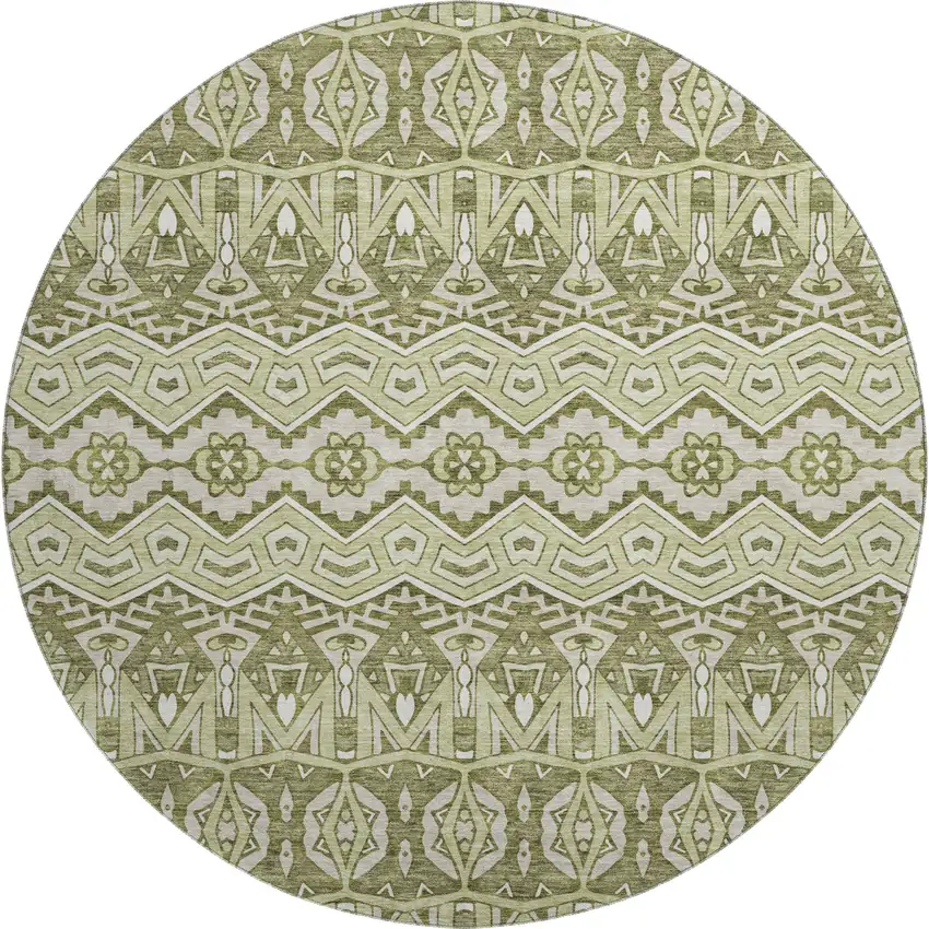 8' Artichoke Green And Beige Moroccan Washable Round Rug With UV Protection Photo 1