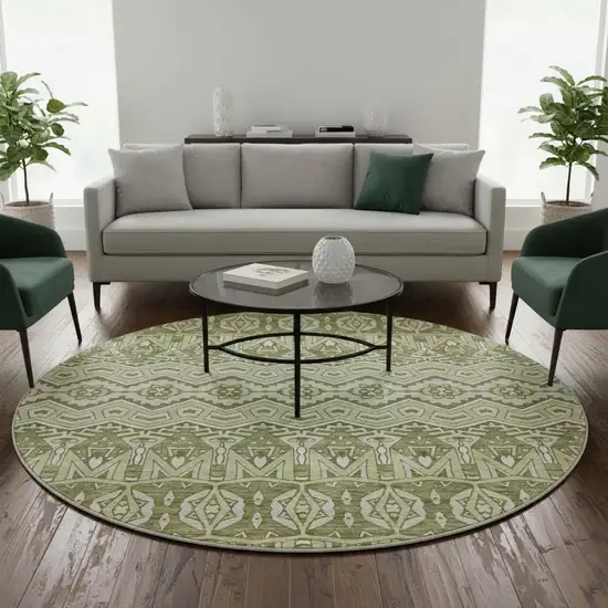 8' Artichoke Green And Beige Moroccan Washable Round Rug With UV Protection Photo 2