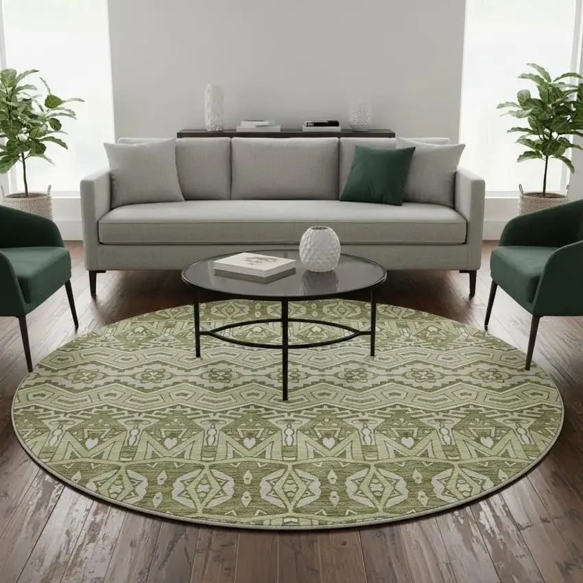 8' Artichoke Green And Beige Moroccan Washable Round Rug With UV Protection Photo 2