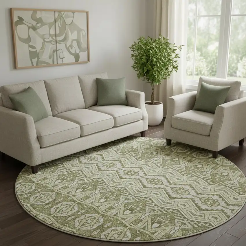 8' Artichoke Green And Beige Moroccan Washable Round Rug With UV Protection Photo 1