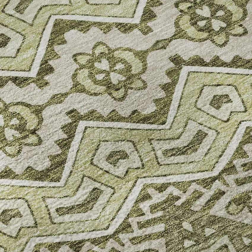 8' Artichoke Green And Beige Moroccan Washable Round Rug With UV Protection Photo 8