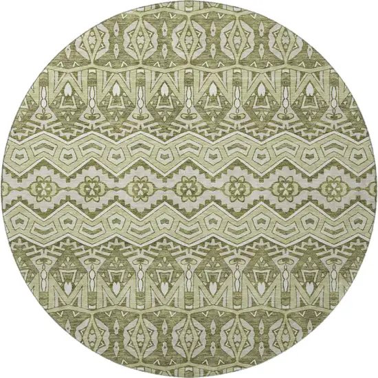 8' Artichoke Green And Beige Moroccan Washable Round Rug With UV Protection Photo 3
