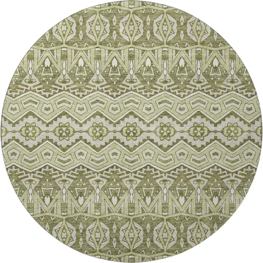 8' Artichoke Green And Beige Moroccan Washable Round Rug With UV Protection Photo 3