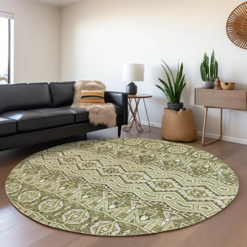 8' Artichoke Green And Beige Moroccan Washable Round Rug With UV Protection Photo 4