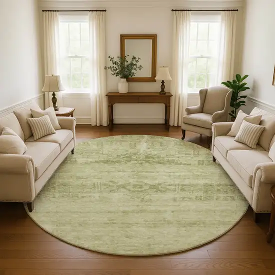 8' Artichoke Green And Beige Oriental Washable Round Rug With UV Protection Photo 4