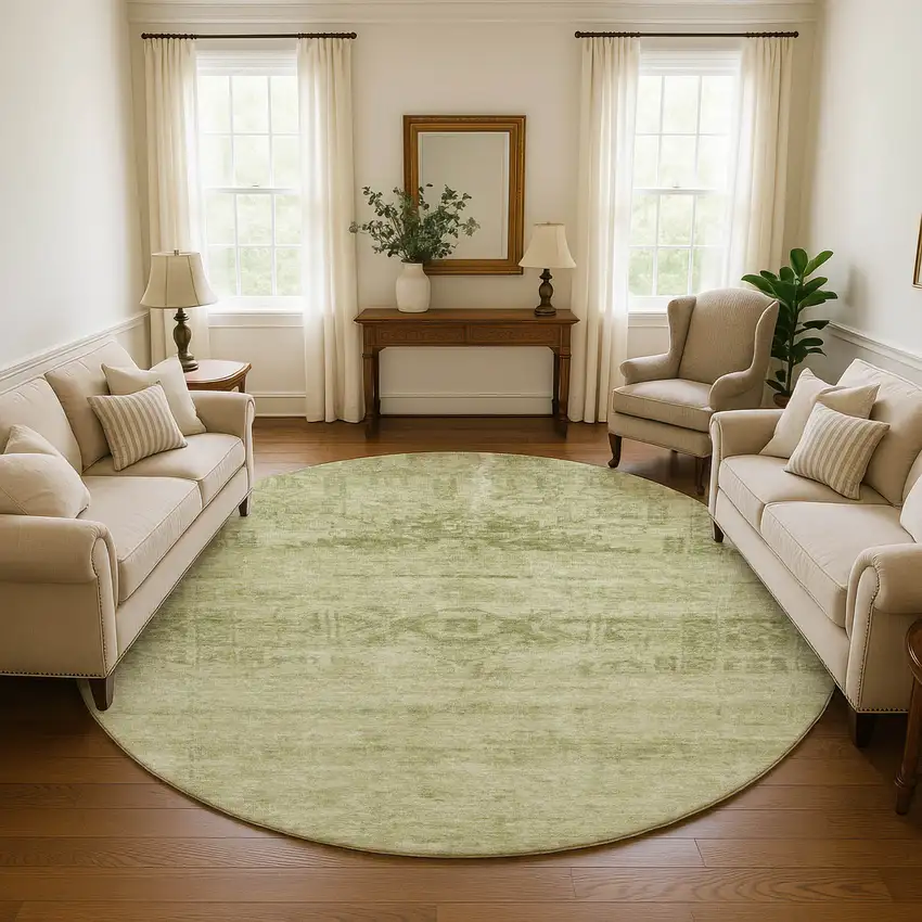 8' Artichoke Green And Beige Oriental Washable Round Rug With UV Protection Photo 4