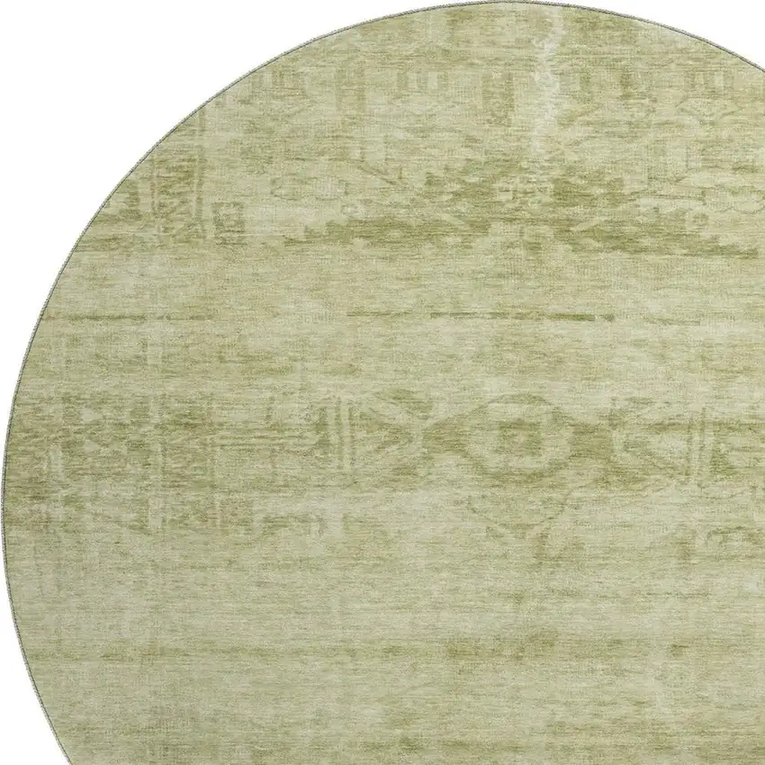 8' Artichoke Green And Beige Oriental Washable Round Rug With UV Protection Photo 2