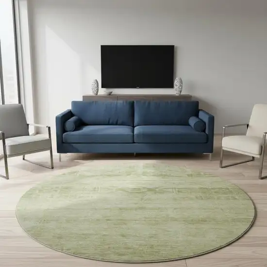 8' Artichoke Green And Beige Oriental Washable Round Rug With UV Protection Photo 2