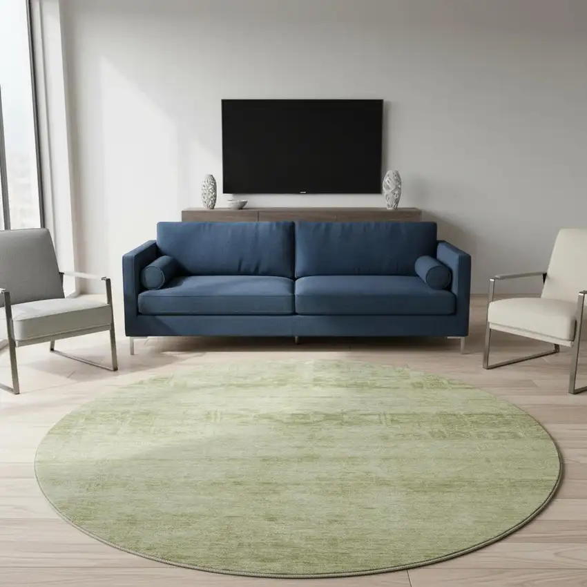 8' Artichoke Green And Beige Oriental Washable Round Rug With UV Protection Photo 2