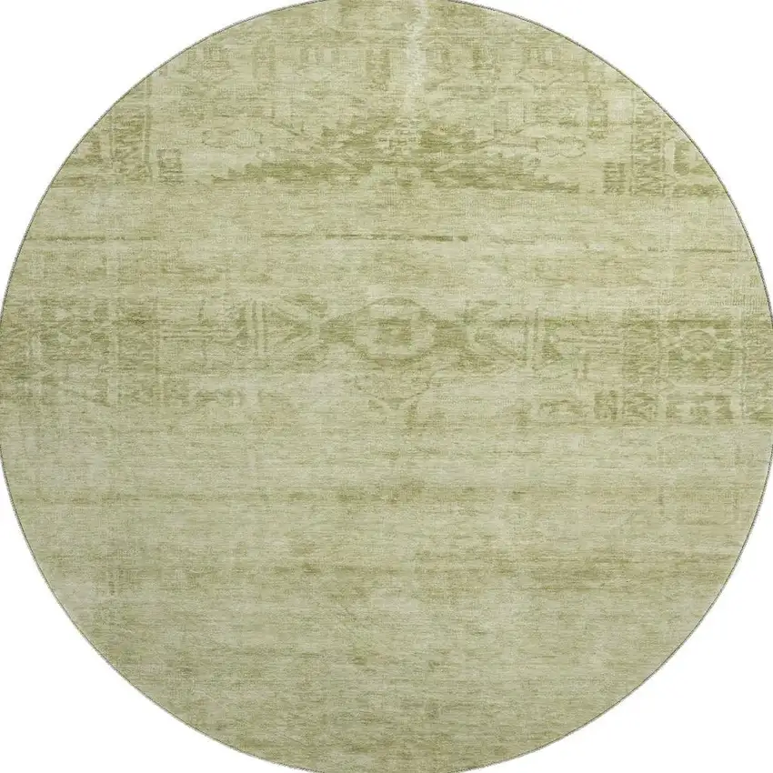 8' Artichoke Green And Beige Oriental Washable Round Rug With UV Protection Photo 3
