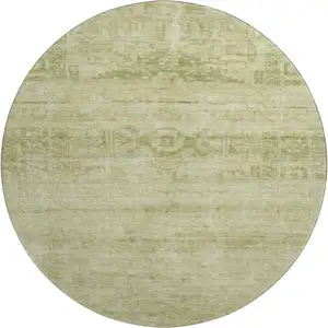 Photo of 8' Artichoke Green And Beige Oriental Washable Round Rug With UV Protection