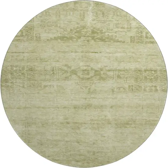 8' Artichoke Green And Beige Oriental Washable Round Rug With UV Protection Photo 1