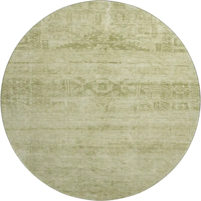 8' Artichoke Green And Beige Oriental Washable Round Rug With UV Protection Photo 1
