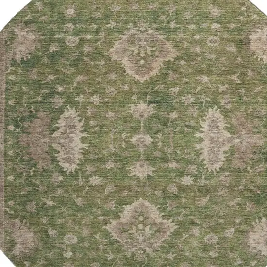 8' Artichoke Green And Beige Oriental Washable Round Rug With UV Protection Photo 2