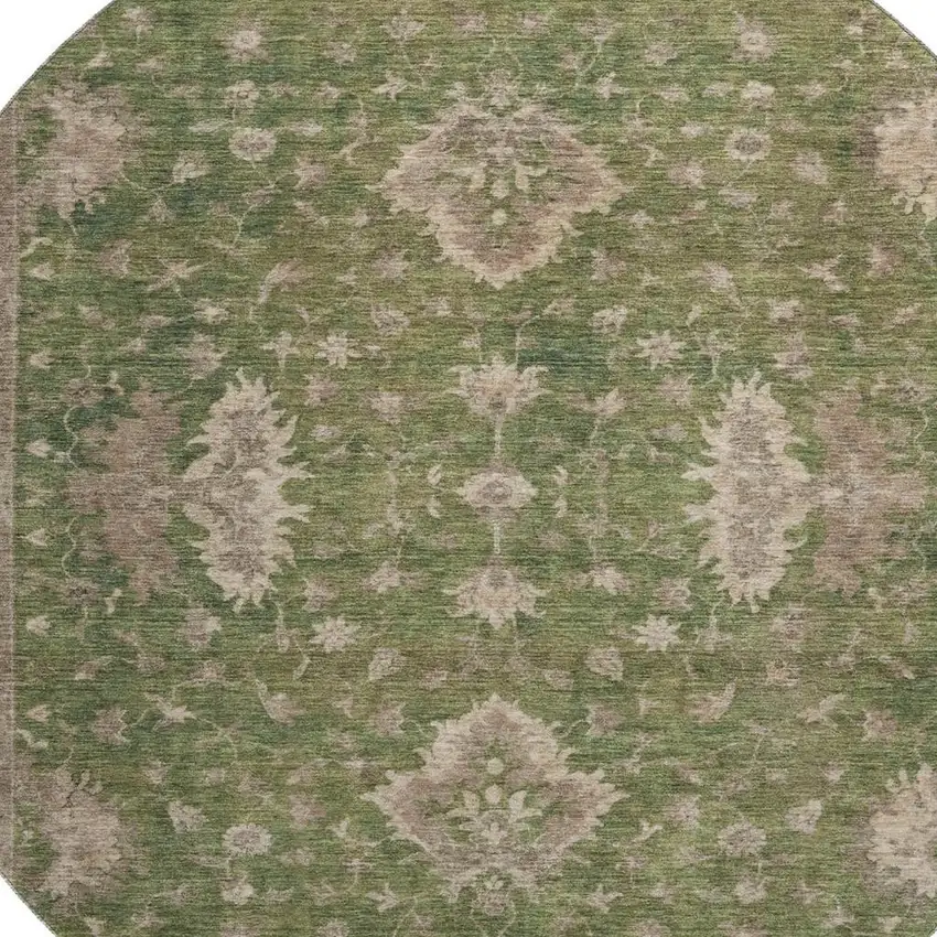8' Artichoke Green And Beige Oriental Washable Round Rug With UV Protection Photo 2